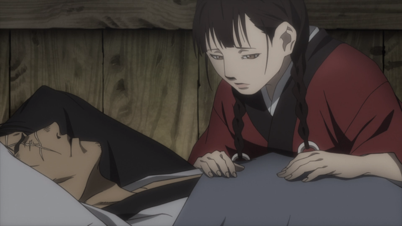 Immortal samurai Manji rests while his employer Rin considers the choices she’s made so far. Their relationship is akin to brother and sister in some ways (and not in a creepy anime incesty way either).